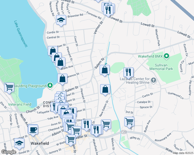 map of restaurants, bars, coffee shops, grocery stores, and more near 4 Fitch Court in Wakefield