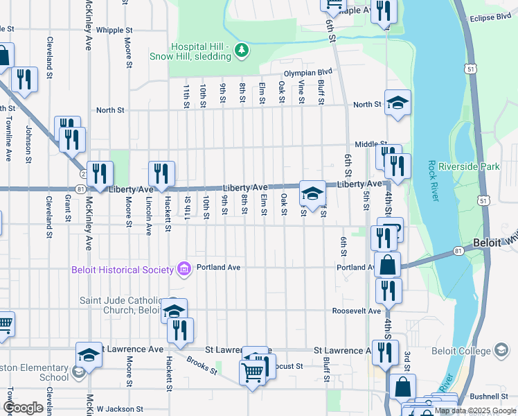 map of restaurants, bars, coffee shops, grocery stores, and more near 1026 Elm Street in Beloit