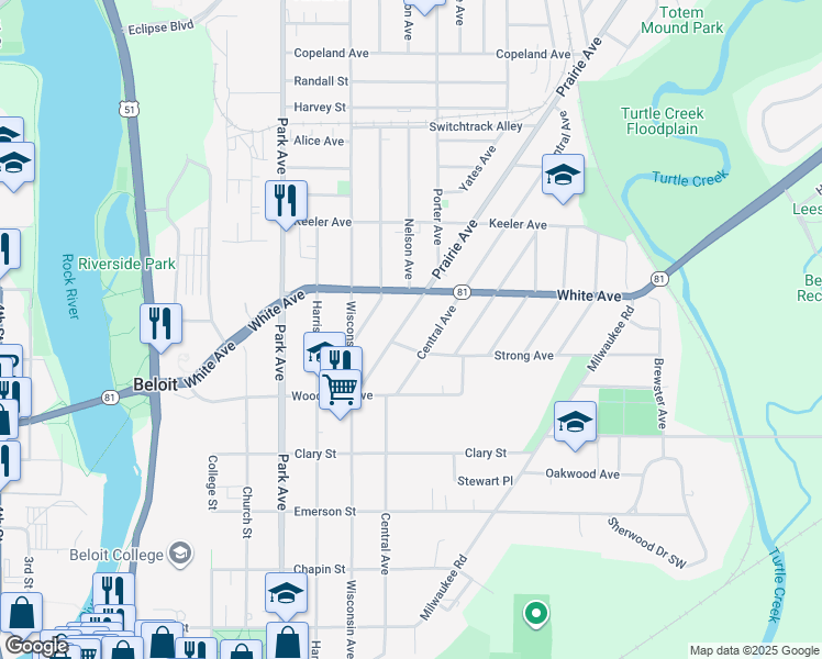 map of restaurants, bars, coffee shops, grocery stores, and more near 1119 Prairie Avenue in Beloit