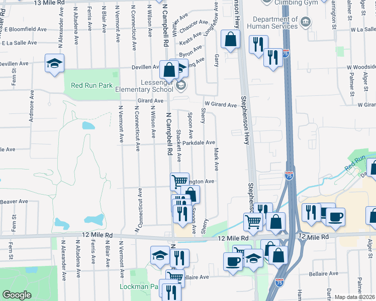 map of restaurants, bars, coffee shops, grocery stores, and more near 29438 Shackett Avenue in Madison Heights