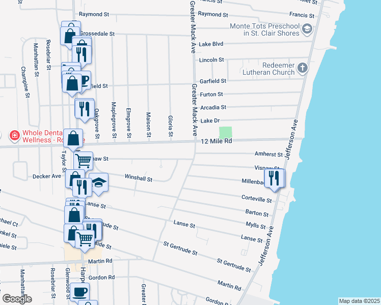 map of restaurants, bars, coffee shops, grocery stores, and more near 29413 Greater Mack Avenue in St. Clair Shores