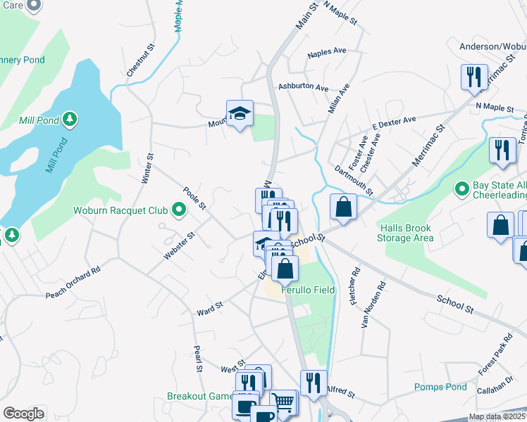 map of restaurants, bars, coffee shops, grocery stores, and more near 936 Main Street in Woburn