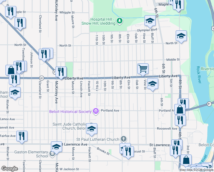 map of restaurants, bars, coffee shops, grocery stores, and more near 1029 10th Street in Beloit