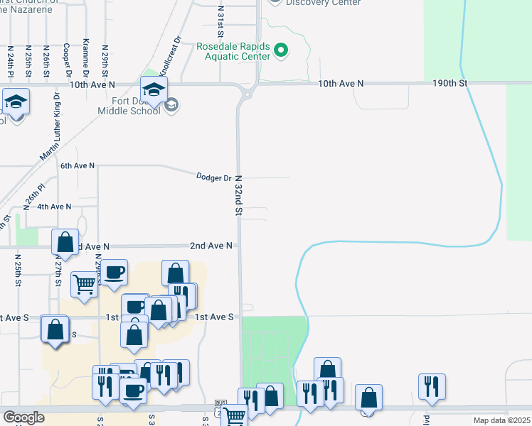 map of restaurants, bars, coffee shops, grocery stores, and more near 3239 4th Avenue North in Fort Dodge