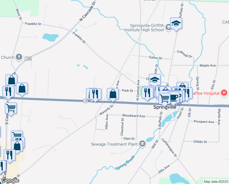 map of restaurants, bars, coffee shops, grocery stores, and more near 38 Cochran Avenue in Springville