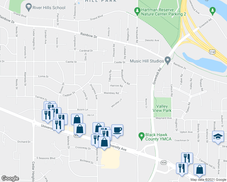 map of restaurants, bars, coffee shops, grocery stores, and more near 1930 Wembley Road in Waterloo