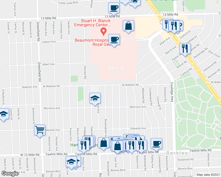 map of restaurants, bars, coffee shops, grocery stores, and more near 4253 Tyler Avenue in Berkley