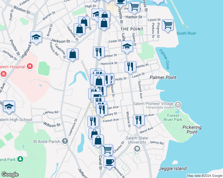 map of restaurants, bars, coffee shops, grocery stores, and more near 20 Hazel Street in Salem