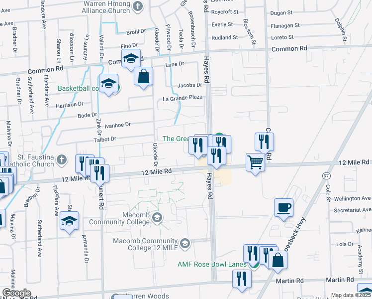 map of restaurants, bars, coffee shops, grocery stores, and more near 29173 Gloede Drive in Warren
