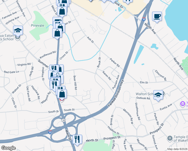map of restaurants, bars, coffee shops, grocery stores, and more near 615 Redfield Road in Wakefield