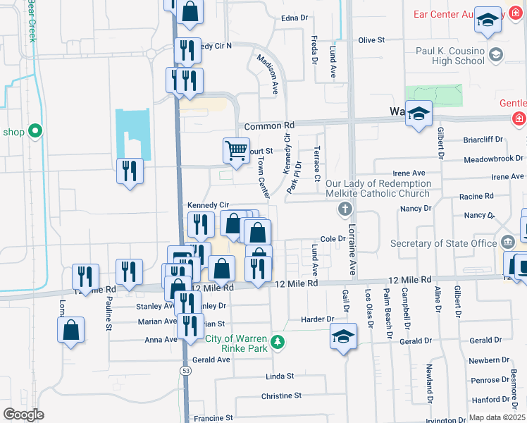 map of restaurants, bars, coffee shops, grocery stores, and more near 8295 Racine Road in Warren