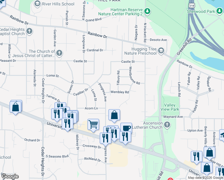 map of restaurants, bars, coffee shops, grocery stores, and more near 2020 Wembley Road in Waterloo