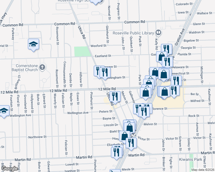 map of restaurants, bars, coffee shops, grocery stores, and more near 28925 Hillview Street in Roseville