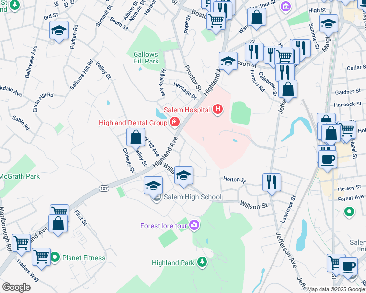 map of restaurants, bars, coffee shops, grocery stores, and more near 8 Cottage Street in Salem