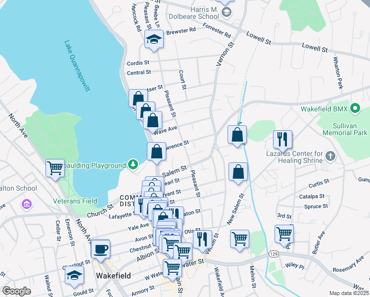 map of restaurants, bars, coffee shops, grocery stores, and more near 74 Pleasant Street in Wakefield