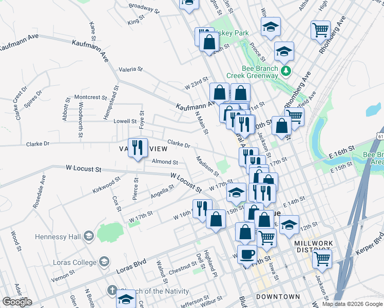 map of restaurants, bars, coffee shops, grocery stores, and more near 1951 Madison St in Dubuque