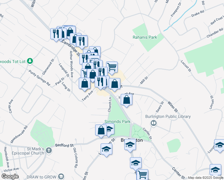 map of restaurants, bars, coffee shops, grocery stores, and more near in Burlington