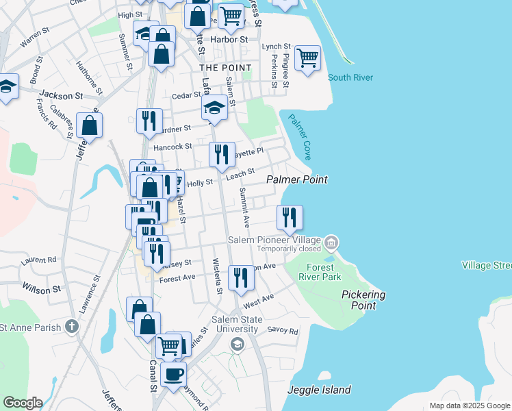 map of restaurants, bars, coffee shops, grocery stores, and more near 18 Bertram Terrace in Salem
