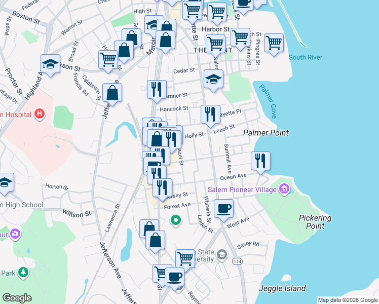 map of restaurants, bars, coffee shops, grocery stores, and more near 9 Linden Street in Salem