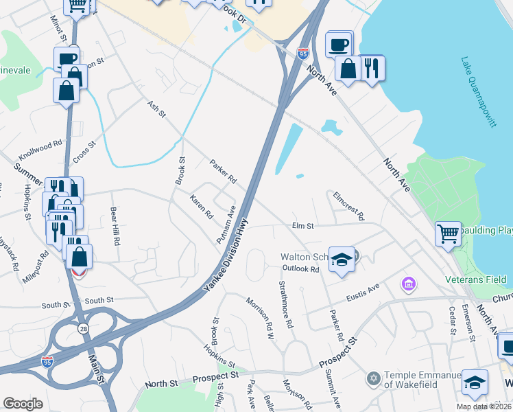 map of restaurants, bars, coffee shops, grocery stores, and more near 116 Parker Road in Wakefield