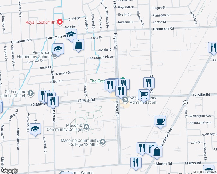 map of restaurants, bars, coffee shops, grocery stores, and more near 29133 Gloede Drive in Warren