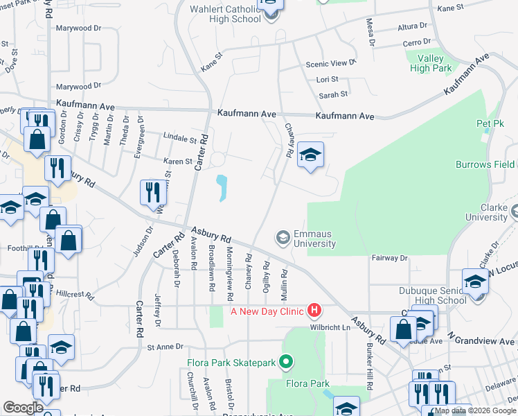 map of restaurants, bars, coffee shops, grocery stores, and more near 2279 Chaney Road in Dubuque