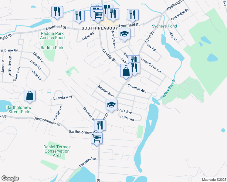 map of restaurants, bars, coffee shops, grocery stores, and more near 4 Bay State Boulevard in Peabody