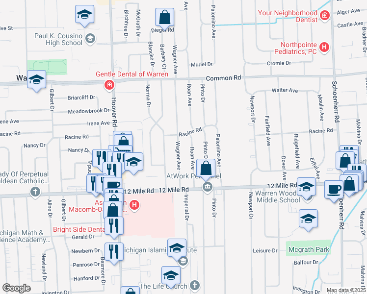map of restaurants, bars, coffee shops, grocery stores, and more near 29330 Wagner Drive in Warren
