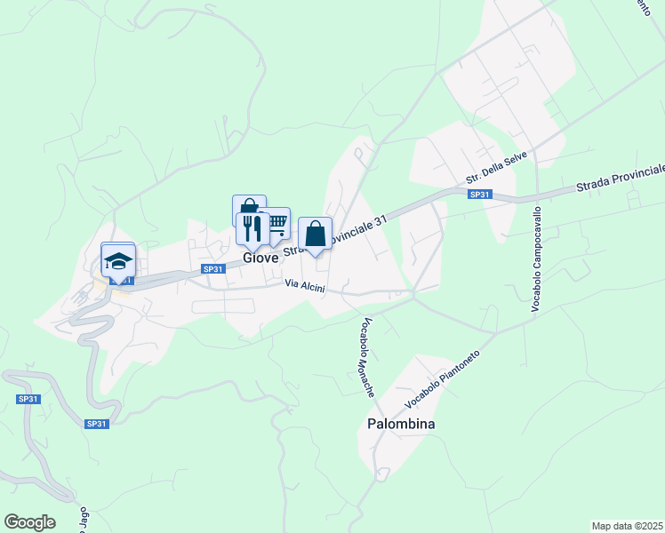 map of restaurants, bars, coffee shops, grocery stores, and more near 21 Via Santa Maria de Mattias in Giove