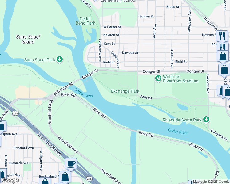 map of restaurants, bars, coffee shops, grocery stores, and more near Cedar Valley Lakes Trail in Waterloo