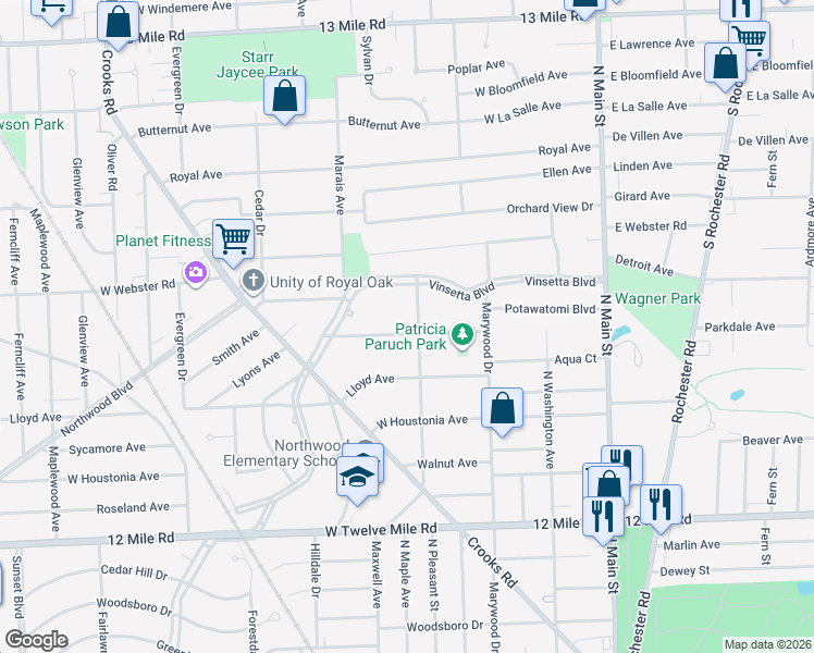 map of restaurants, bars, coffee shops, grocery stores, and more near 710 Magnolia Avenue in Royal Oak