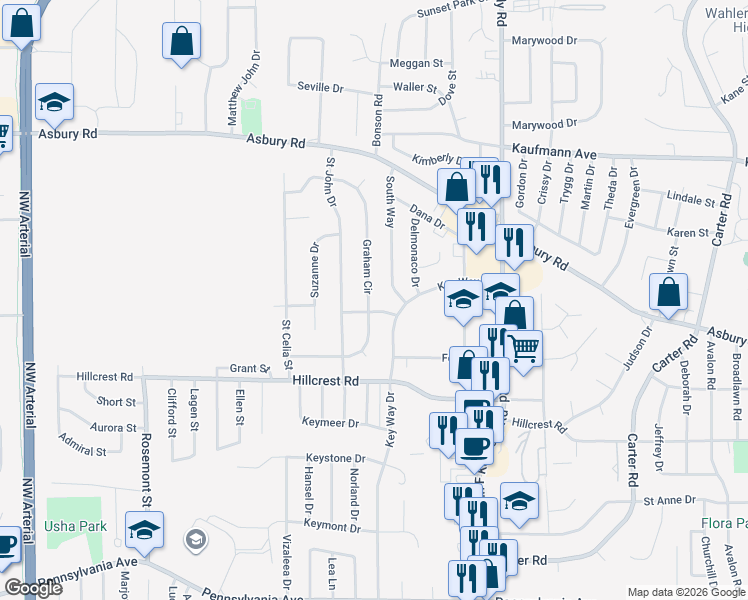 map of restaurants, bars, coffee shops, grocery stores, and more near 2186 Graham Circle in Dubuque