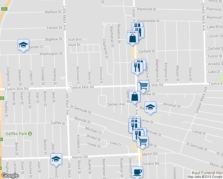 map of restaurants, bars, coffee shops, grocery stores, and more near 21136 Twelve Mile Road in St. Clair Shores