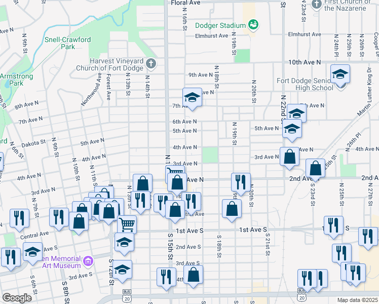 map of restaurants, bars, coffee shops, grocery stores, and more near 319 North 16th Street in Fort Dodge