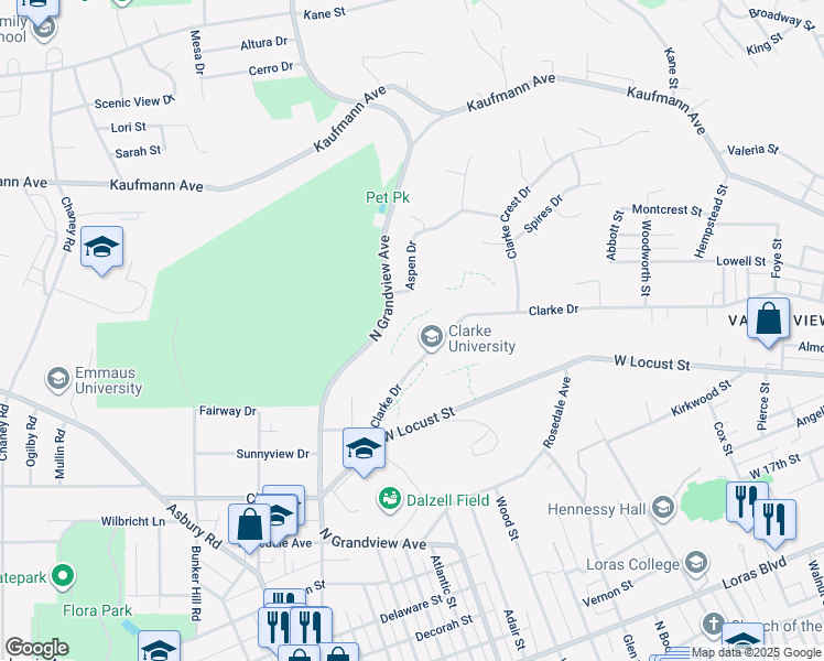 map of restaurants, bars, coffee shops, grocery stores, and more near 1550 Clarke Drive in Dubuque
