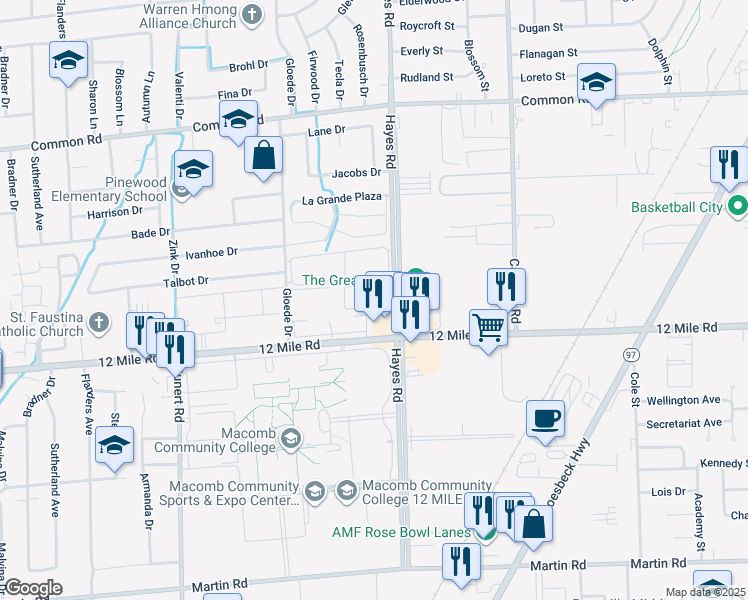 map of restaurants, bars, coffee shops, grocery stores, and more near 29133 Gloede Drive in Warren