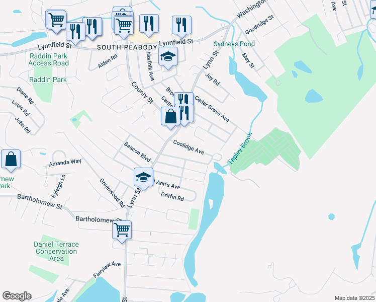 map of restaurants, bars, coffee shops, grocery stores, and more near 15 Coolidge Avenue in Peabody