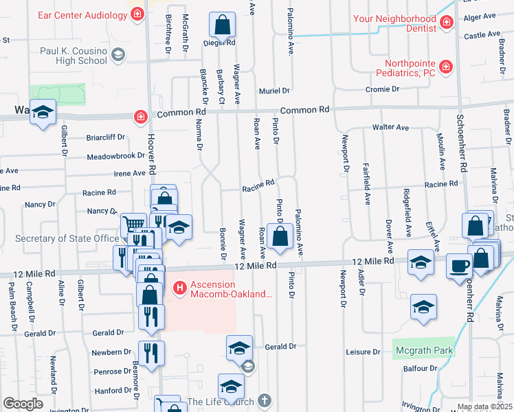 map of restaurants, bars, coffee shops, grocery stores, and more near 29330 Wagner Drive in Warren