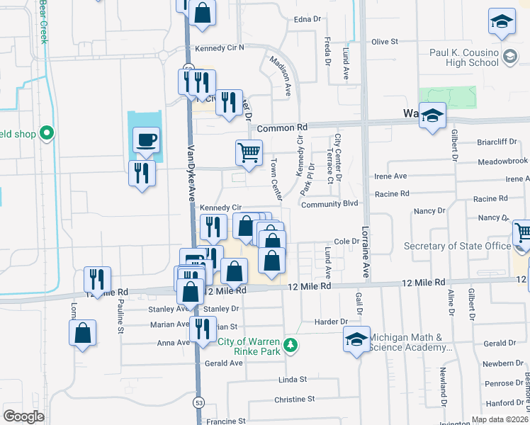 map of restaurants, bars, coffee shops, grocery stores, and more near 8295 Racine Road in Warren