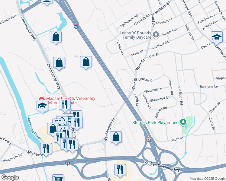 map of restaurants, bars, coffee shops, grocery stores, and more near 13 Garvey Road in Woburn