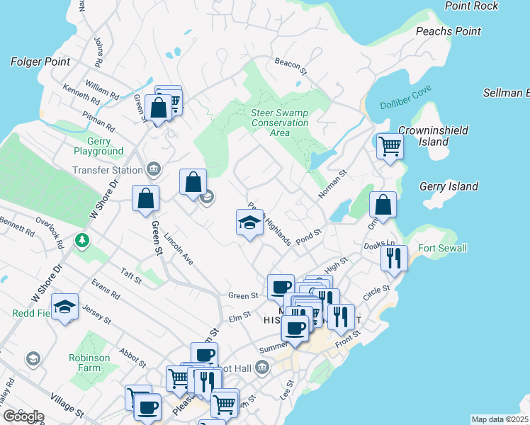 map of restaurants, bars, coffee shops, grocery stores, and more near 15 Peach Highlands in Marblehead