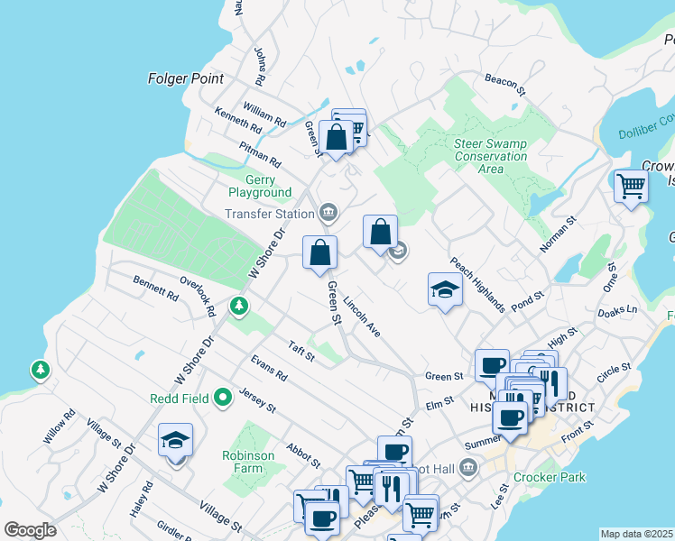 map of restaurants, bars, coffee shops, grocery stores, and more near 111 Green Street in Marblehead