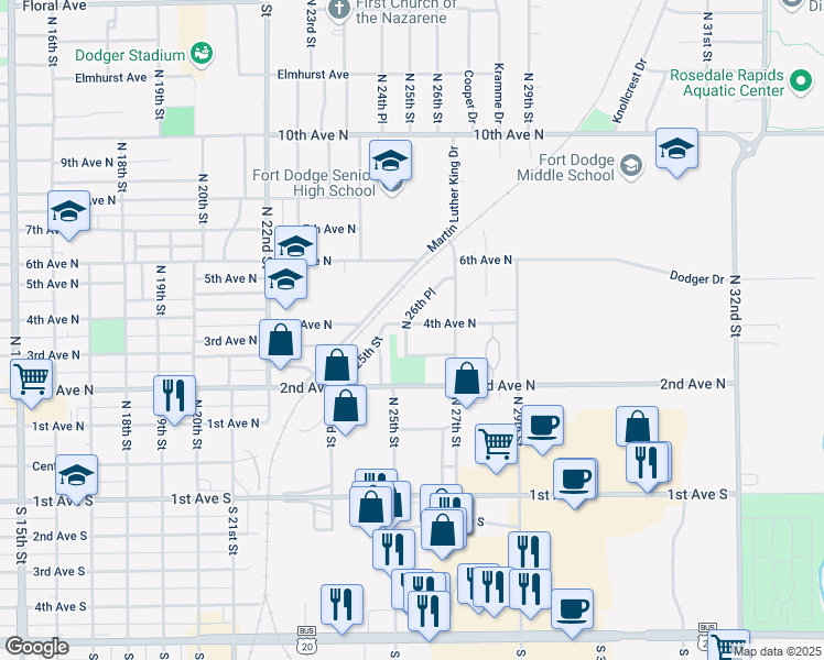 map of restaurants, bars, coffee shops, grocery stores, and more near 319 North 26th Place in Fort Dodge