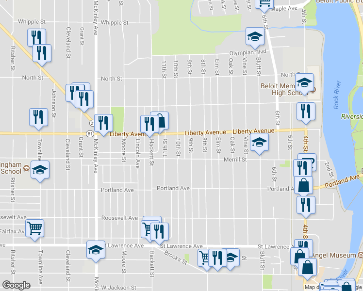 map of restaurants, bars, coffee shops, grocery stores, and more near 1029 10th Street in Beloit