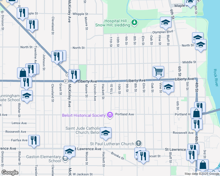 map of restaurants, bars, coffee shops, grocery stores, and more near 1028 11th Street in Beloit