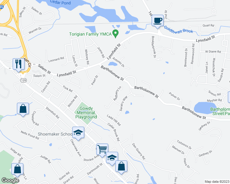 map of restaurants, bars, coffee shops, grocery stores, and more near 12 Redberry Lane in Peabody