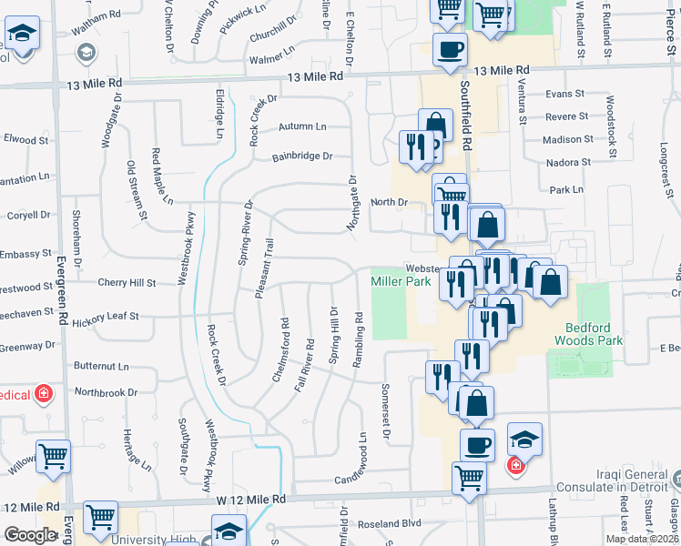map of restaurants, bars, coffee shops, grocery stores, and more near 18652 Webster Avenue in Southfield