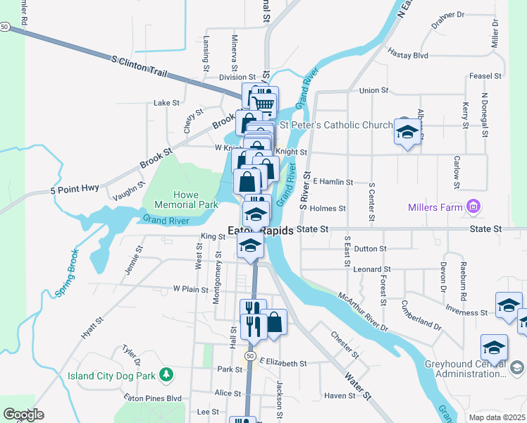 map of restaurants, bars, coffee shops, grocery stores, and more near 307 South Main Street in Eaton Rapids