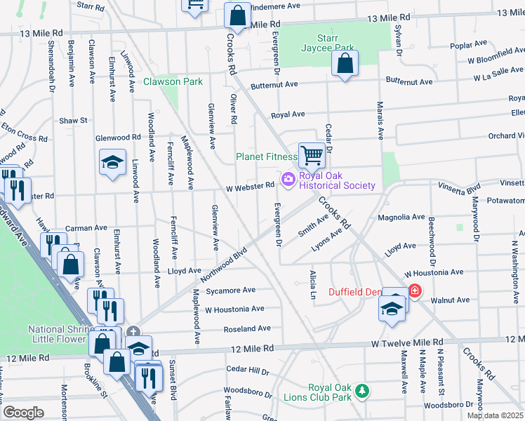 map of restaurants, bars, coffee shops, grocery stores, and more near 2418 Galpin Avenue in Royal Oak