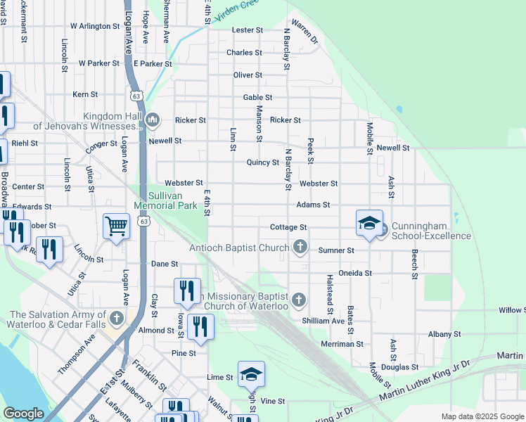 map of restaurants, bars, coffee shops, grocery stores, and more near 402 Adams Street in Waterloo